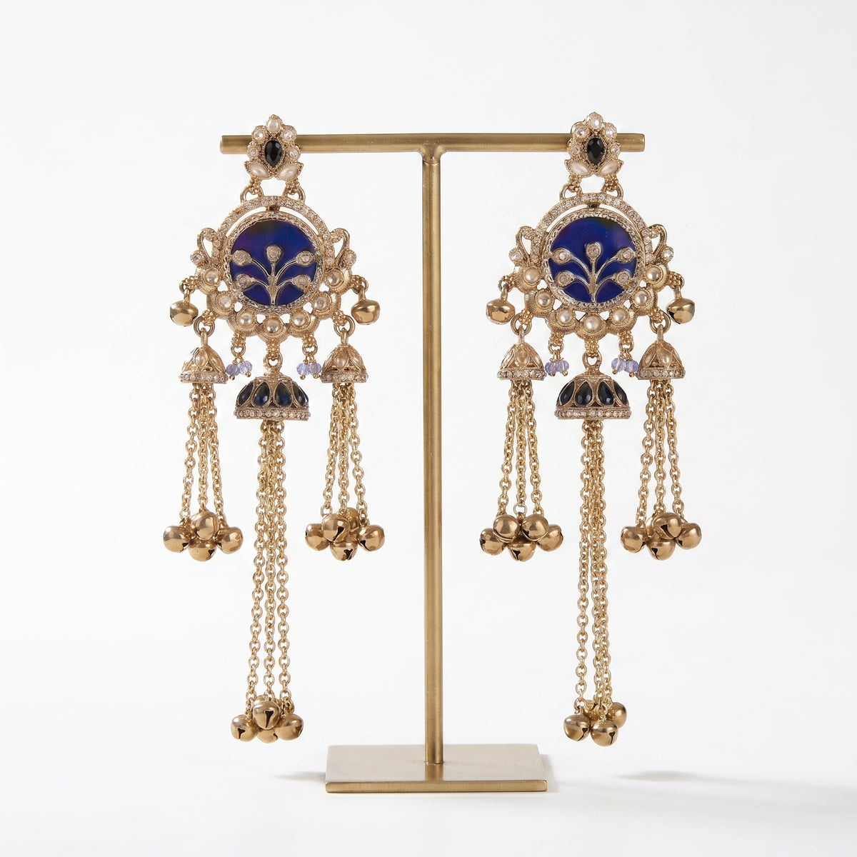 Traditional Blue Enamel Jhumka Earrings with Long Metallic Tassel Chains