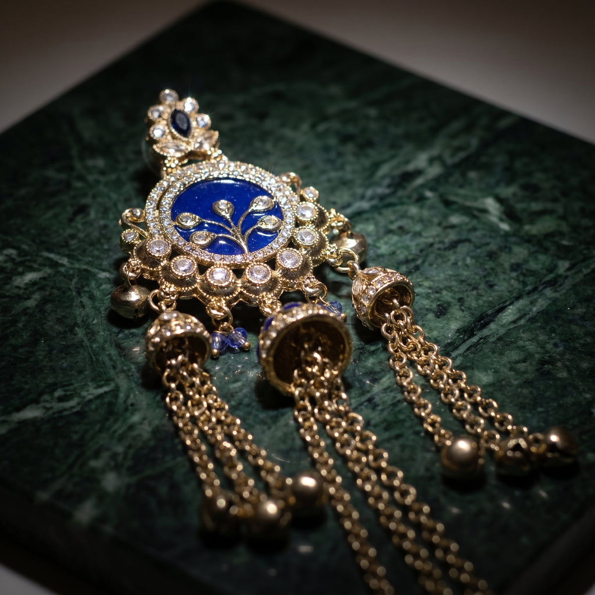 Traditional Blue Enamel Jhumka Earrings with Long Metallic Tassel Chains