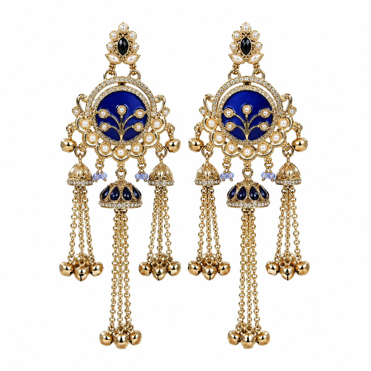 Traditional Blue Enamel Jhumka Earrings with Long Metallic Tassel Chains