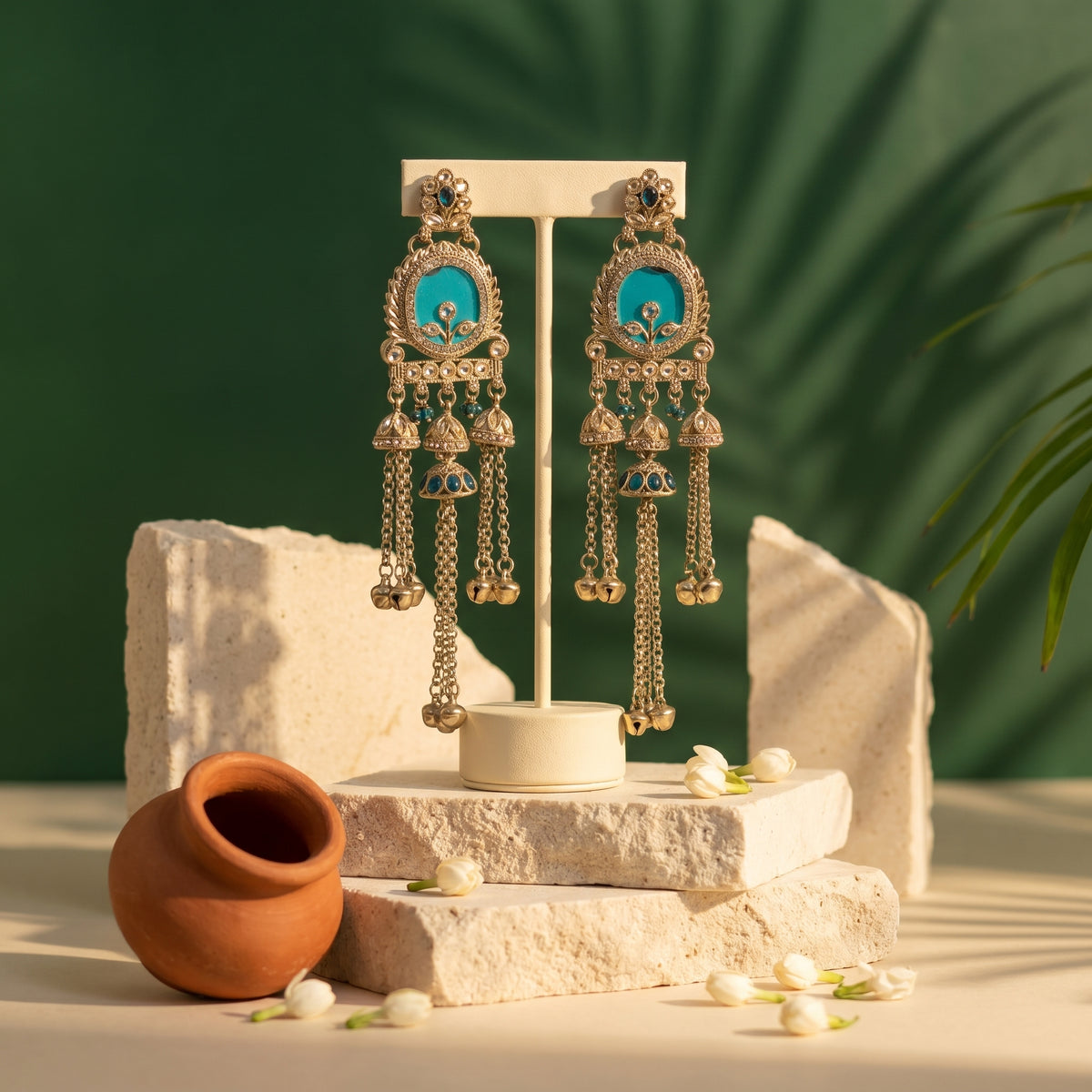 A pair of ornate gold-toned dangle earrings with turquoise blue stone inlays, displayed on a cream stand. The stand is set on stacked stone blocks next to a small terracotta pot and white flowers, with a dark green background and soft leaf shadows.