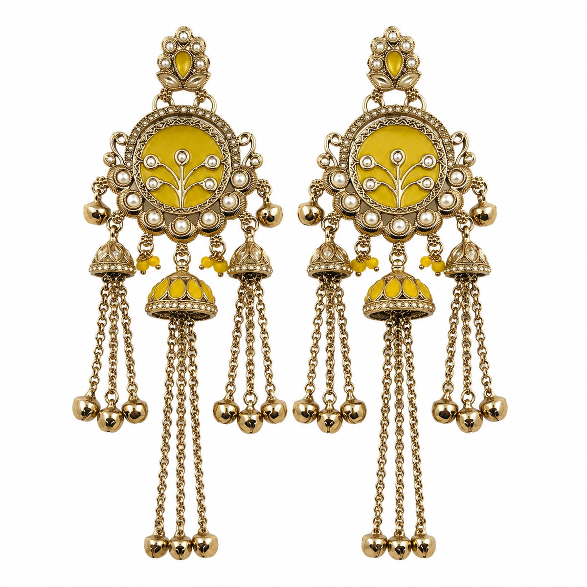 A pair of ornate gold-toned Indian jhumka earrings with bright yellow enamel panels, white faux pearl bead borders, and dangling chain tassels with small gold bells, shown on a plain white background.