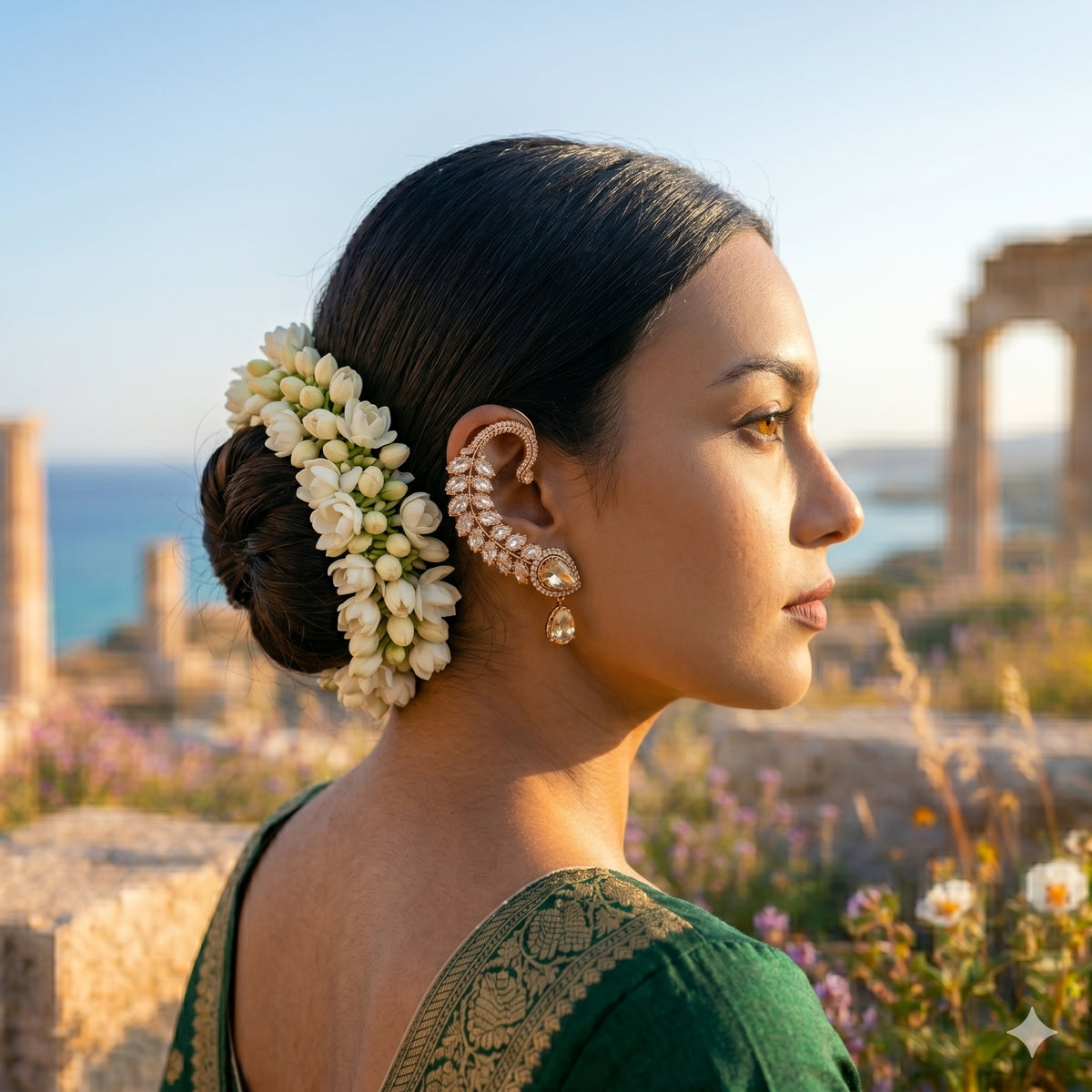 A woman in profile wearing a large, curved pearl ear cuff with a dangling pearl bead, styled with white jasmine flowers in her hair, set against a warm, blurred background of ancient ruins and the sea.