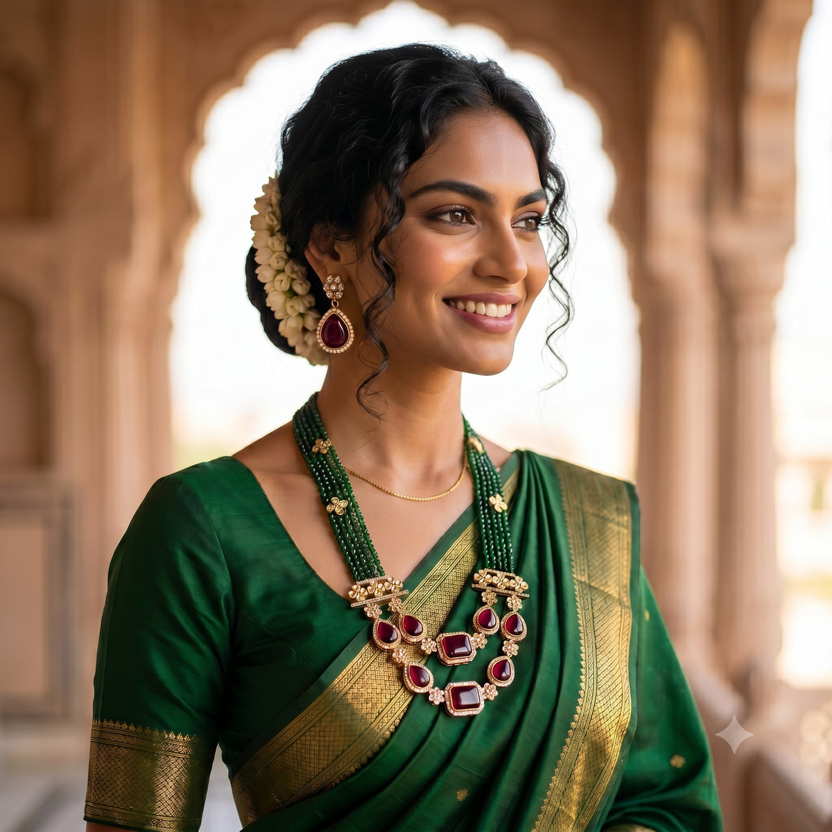 A woman wearing a dark green traditional sari with gold borders and a large ornate gold and red gemstone necklace, standing in front of a softly blurred stone archway.