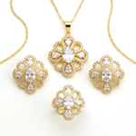 Gold jewelry set featuring a pendant necklace, ring, and two matching earrings, all designed with a floral clover motif and clear rhinestones on a white background.