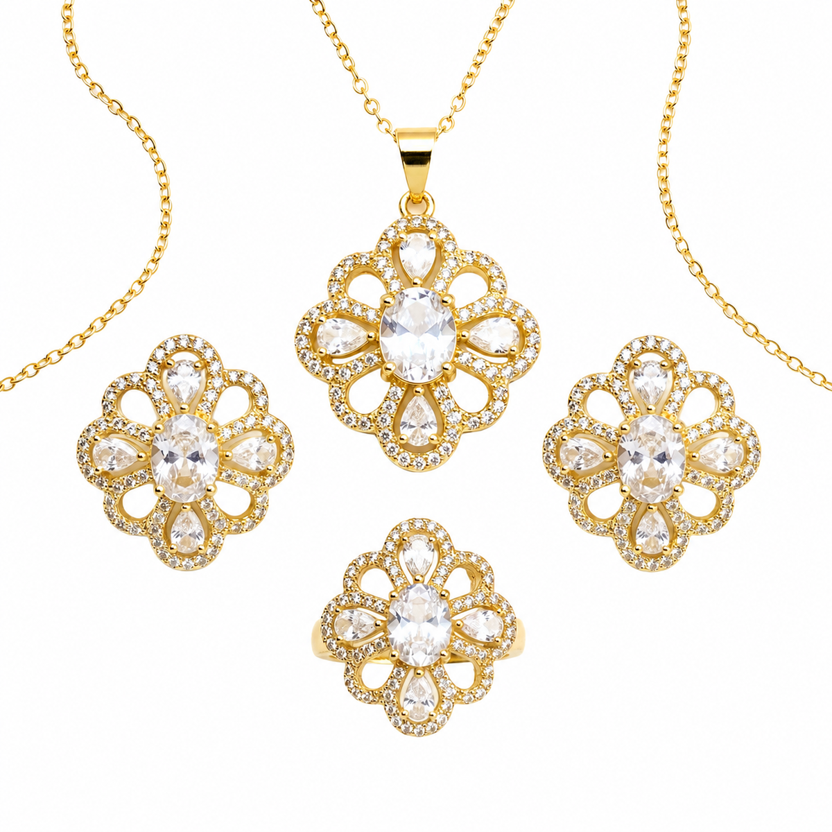 Gold jewelry set featuring a pendant necklace, ring, and two matching earrings, each with a floral openwork design set with clear round and marquise-cut rhinestones on a white background.