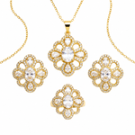 Gold jewelry set featuring a pendant necklace, ring, and two matching earrings, each with a floral openwork design set with clear round and marquise-cut rhinestones on a white background.