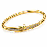 A polished yellow gold bangle bracelet featuring a channel-set row of small clear stones on one side, photographed on a clean white background.