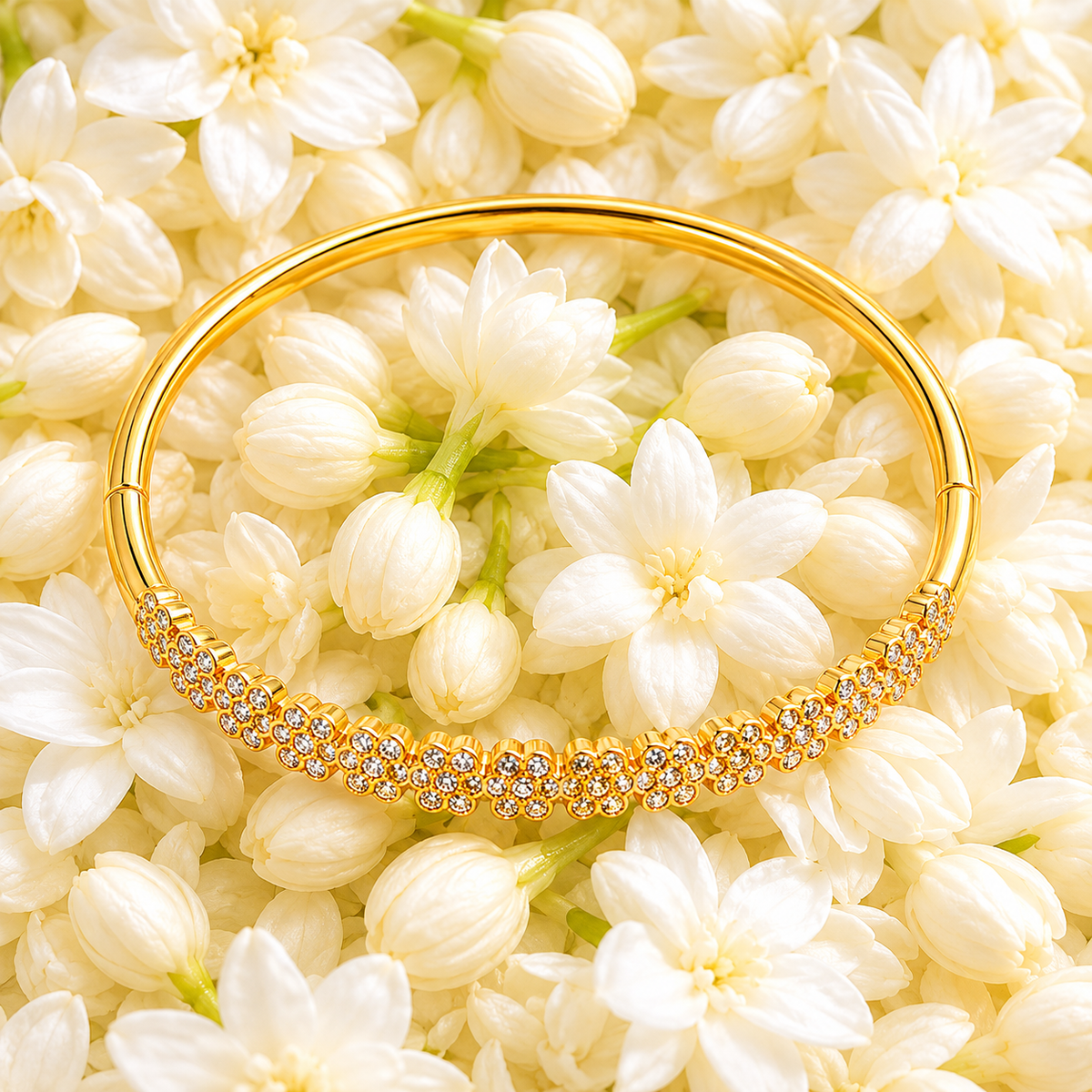 A gold bangle bracelet with a row of sparkling clear stones along the front, displayed on a bed of white jasmine flowers.
