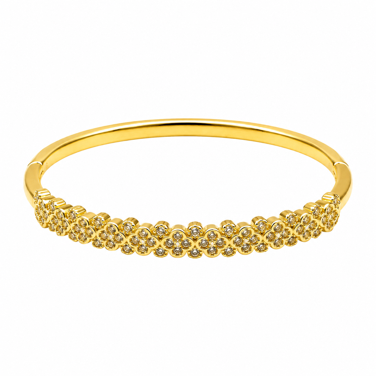 A gold bangle bracelet featuring a row of small pavé-set clear stones across the front, displayed on a clean white background.