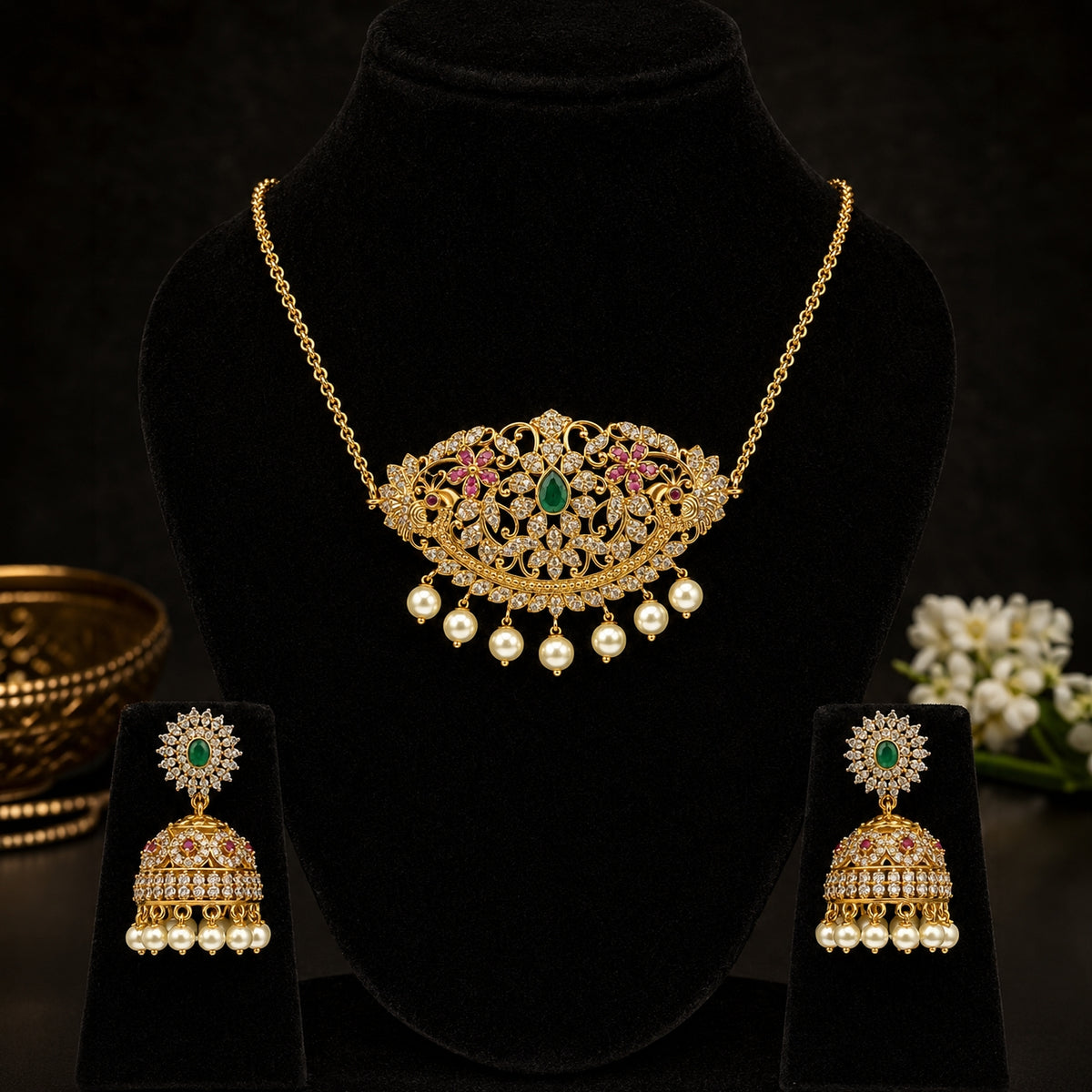 Gold-toned traditional jewelry set displayed on a black velvet mannequin bust, including a necklace with a floral pendant, matching earrings, and pearl drops. The jewelry features green and pink stone accents and gold metalwork.