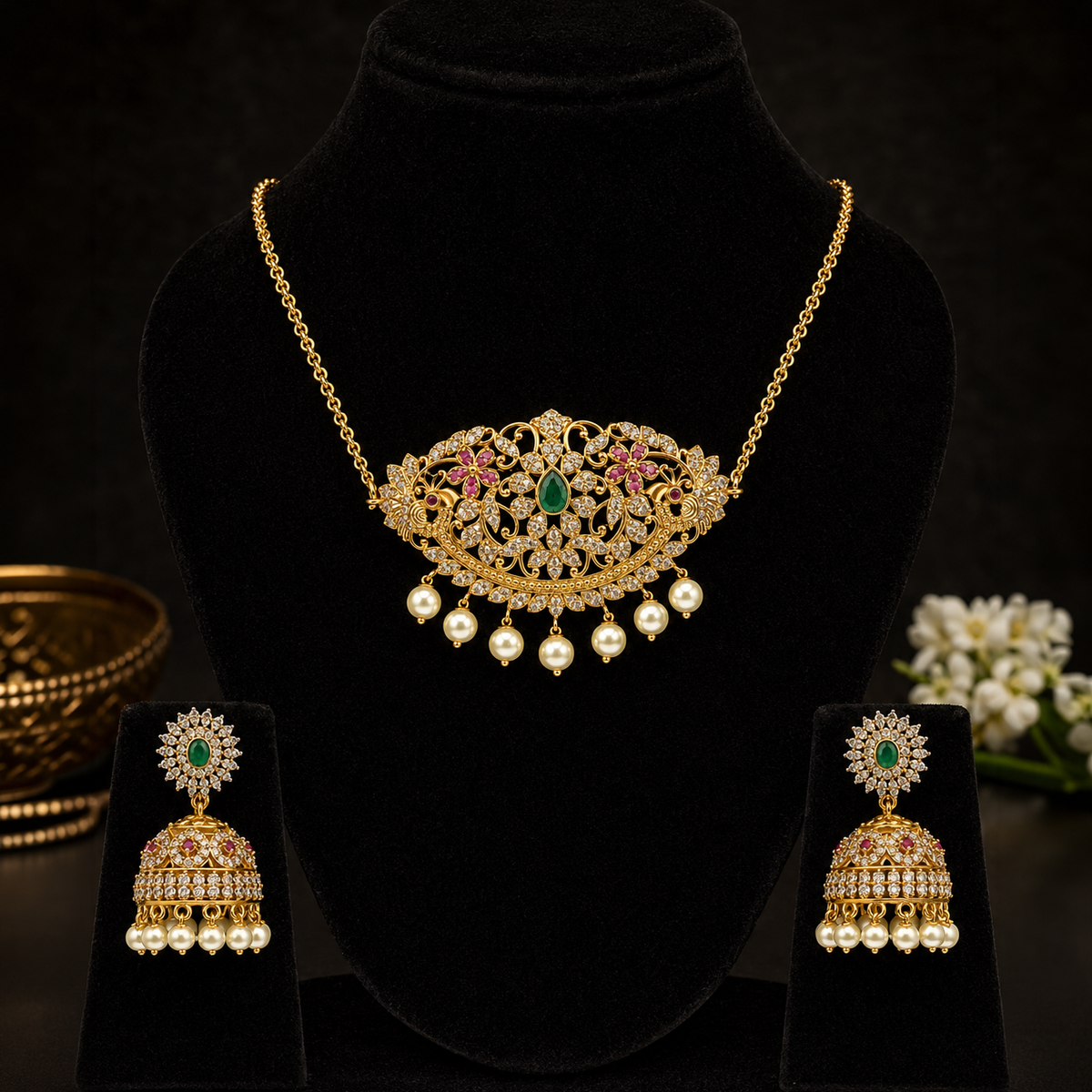 Gold-toned traditional jewelry set displayed on a black velvet mannequin bust, including an ornate necklace with a central green teardrop stone, pink floral details, and dangling pearl-like beads, plus matching earrings on small black stands.