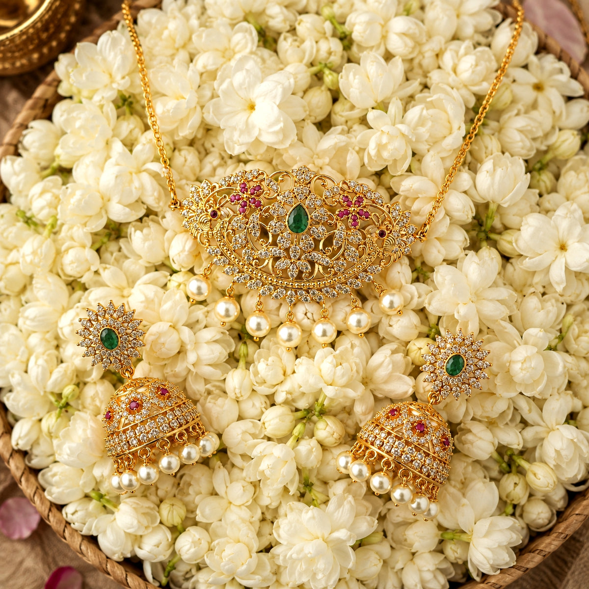 Gold-toned traditional jewelry set with a necklace and matching earrings, decorated with white pearls, clear stones, green stones, and pink stones, arranged on a bed of white flowers.