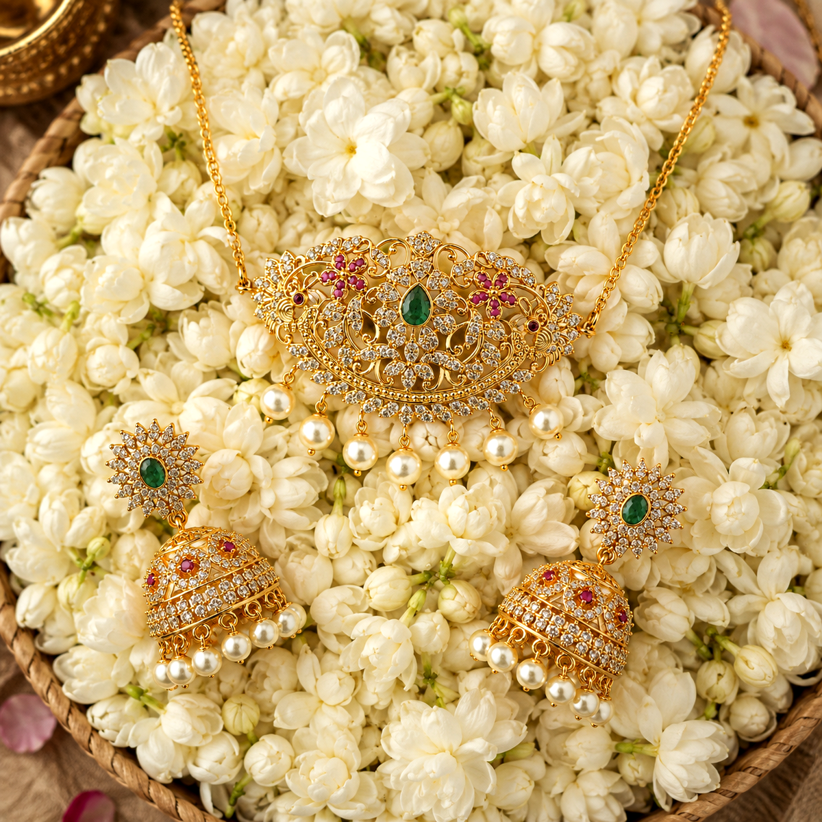 Gold-toned jewelry set with a necklace and matching earrings, decorated with rhinestones, green stones, and red floral accents, arranged on a bed of white flowers.