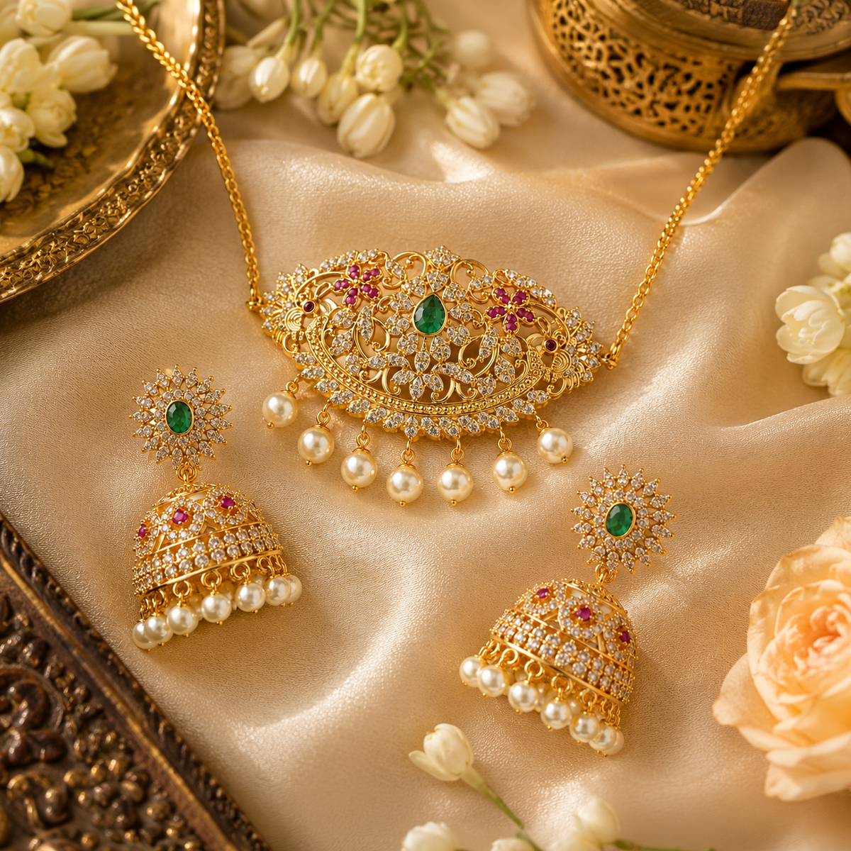Gold-toned Indian jewelry set featuring a necklace and matching earrings with green stone centers, red floral accents, and pearl bead drops, arranged on cream satin fabric with decorative flowers and ornate trays.
