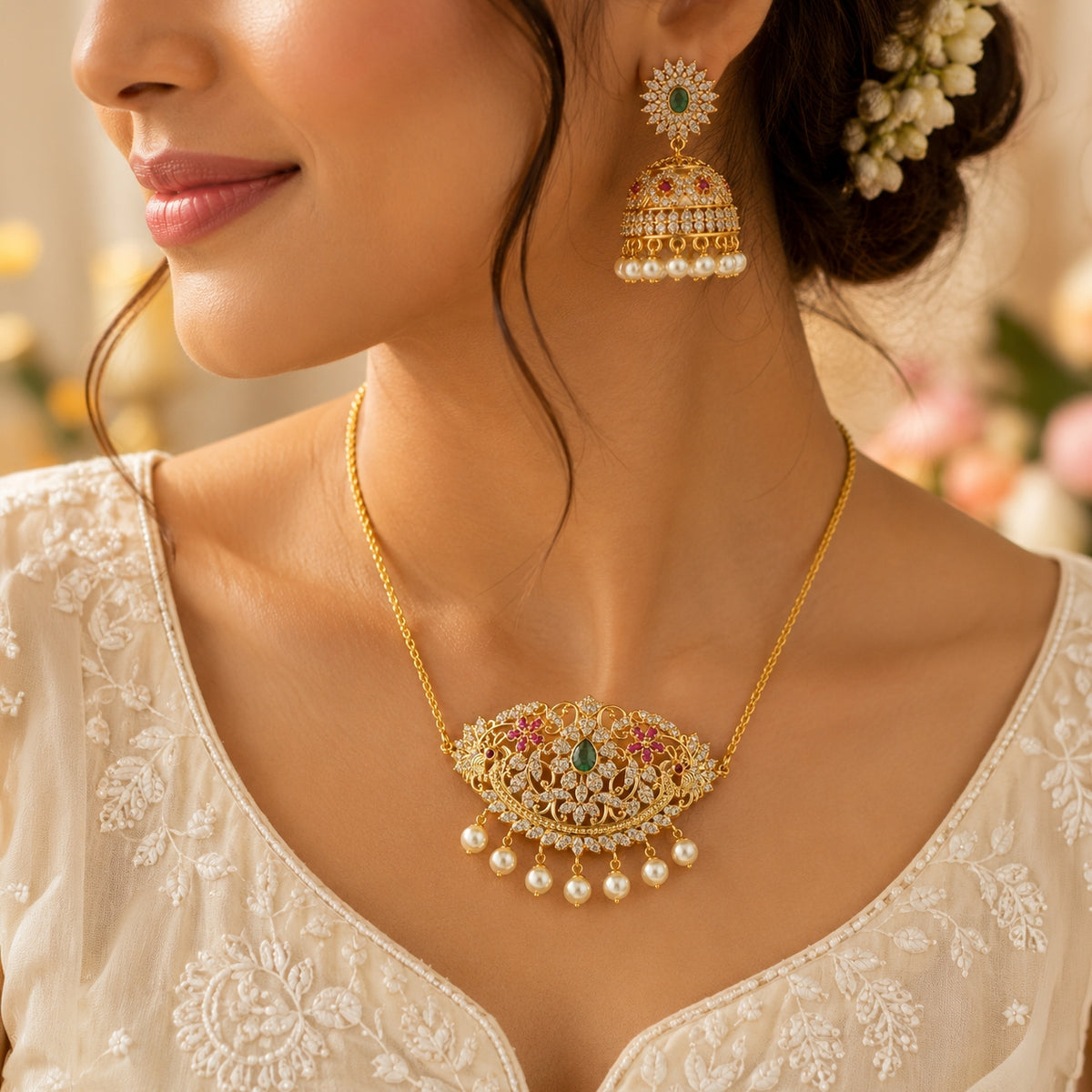 A close-up lifestyle shot of a woman wearing an ornate gold necklace and matching jhumka earrings. The jewelry features intricate floral details with pink, green, and blue stones, accented by rows of white pearls.