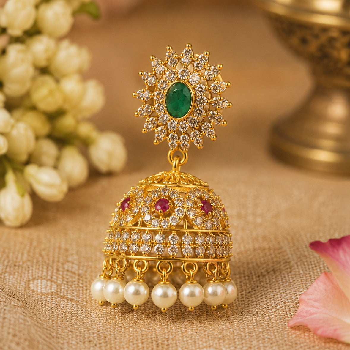 An ornate gold-plated jhumka earring with a green oval stone at the top, surrounded by clear stones, and a bell-shaped lower portion adorned with red stones, clear stones, and dangling white pearls, set against a warm neutral background with decorative flowers.