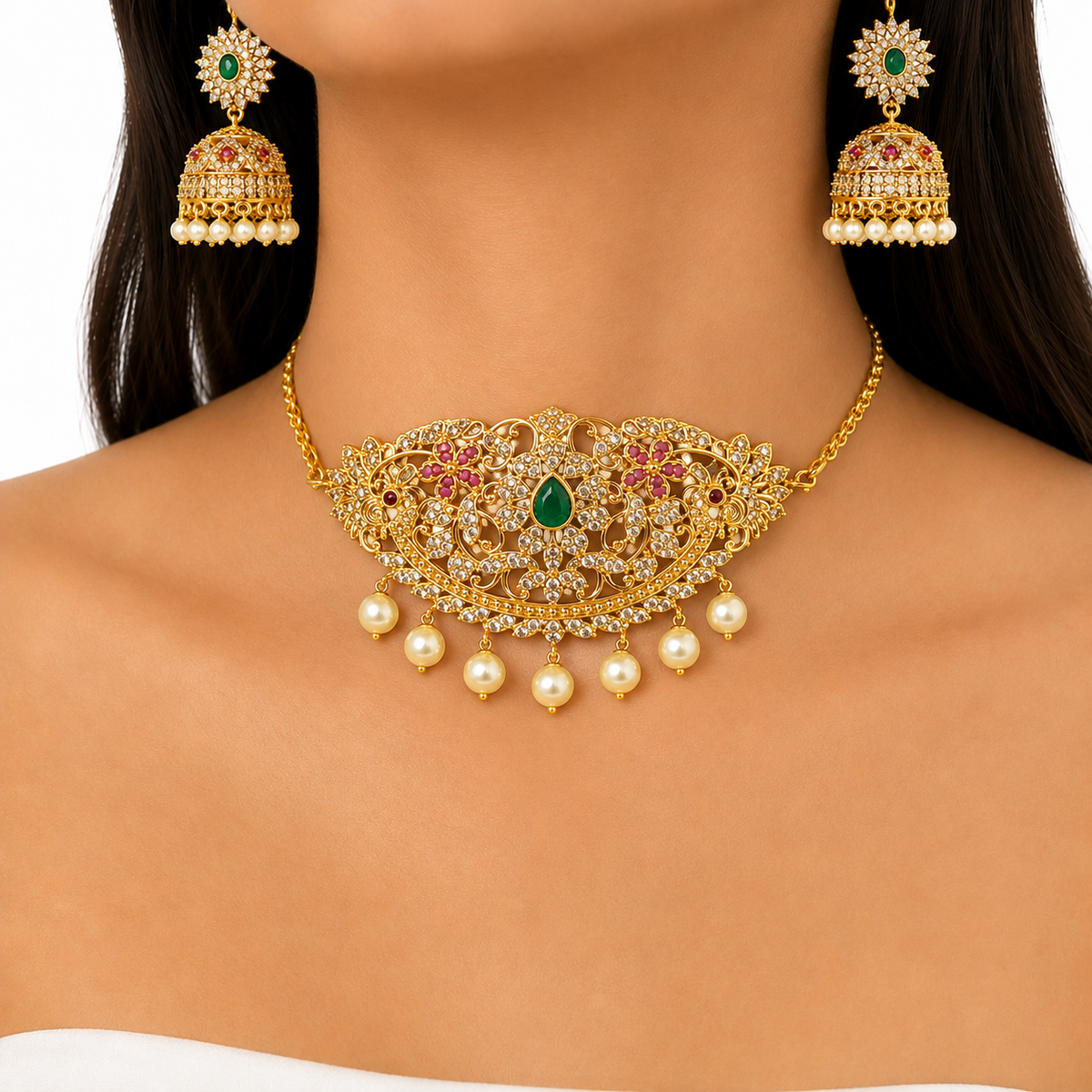 Gold-toned traditional Indian jewelry set on a model, featuring a choker necklace with a central green teardrop stone, pink stone accents, and dangling white pearls, paired with matching drop earrings.