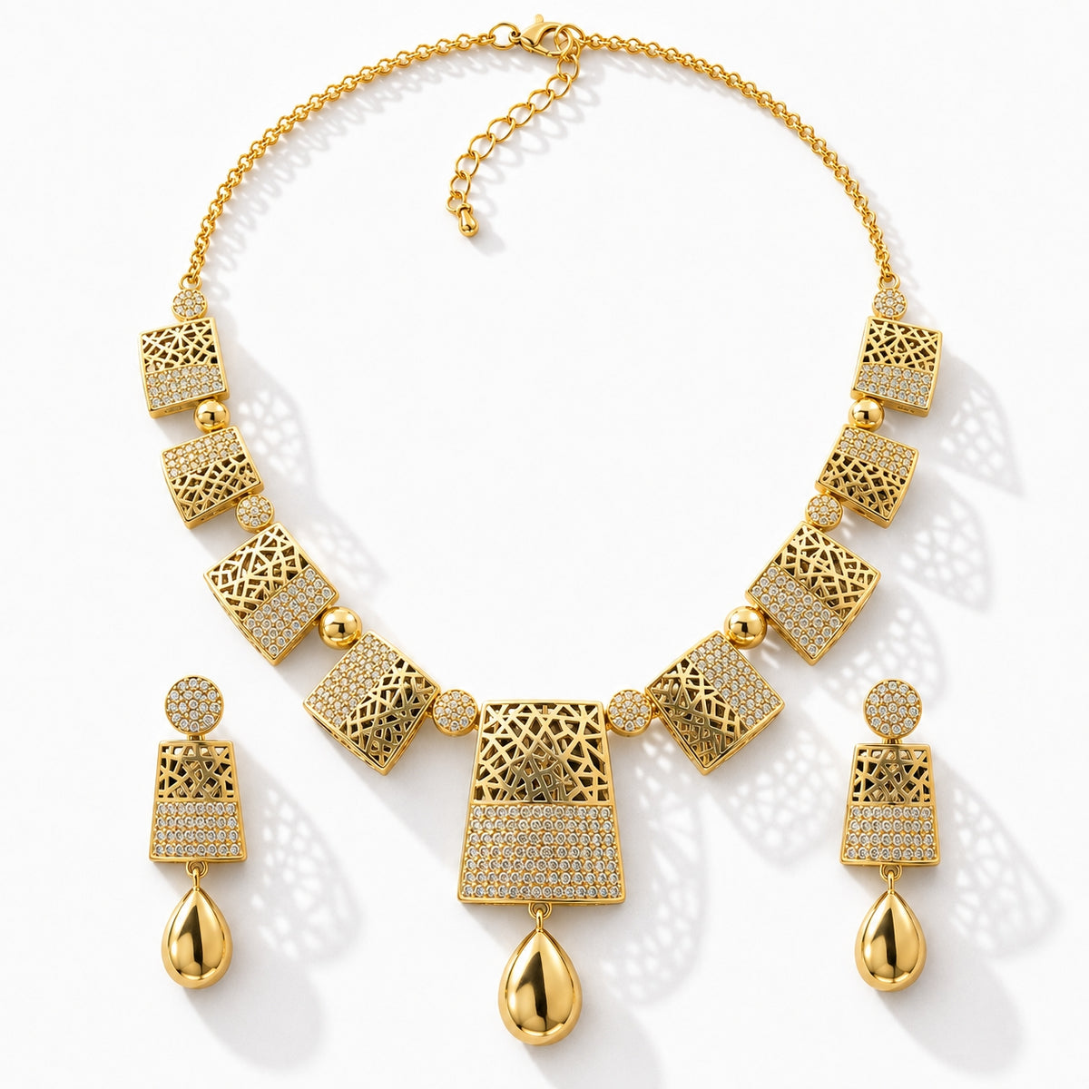 Modern Geometric Lattice Collar Necklace & Drop Earring Jewelry Set