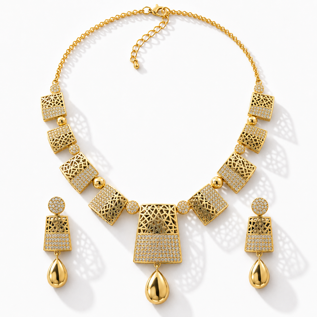 Modern Geometric Lattice Collar Necklace & Drop Earring Jewelry Set