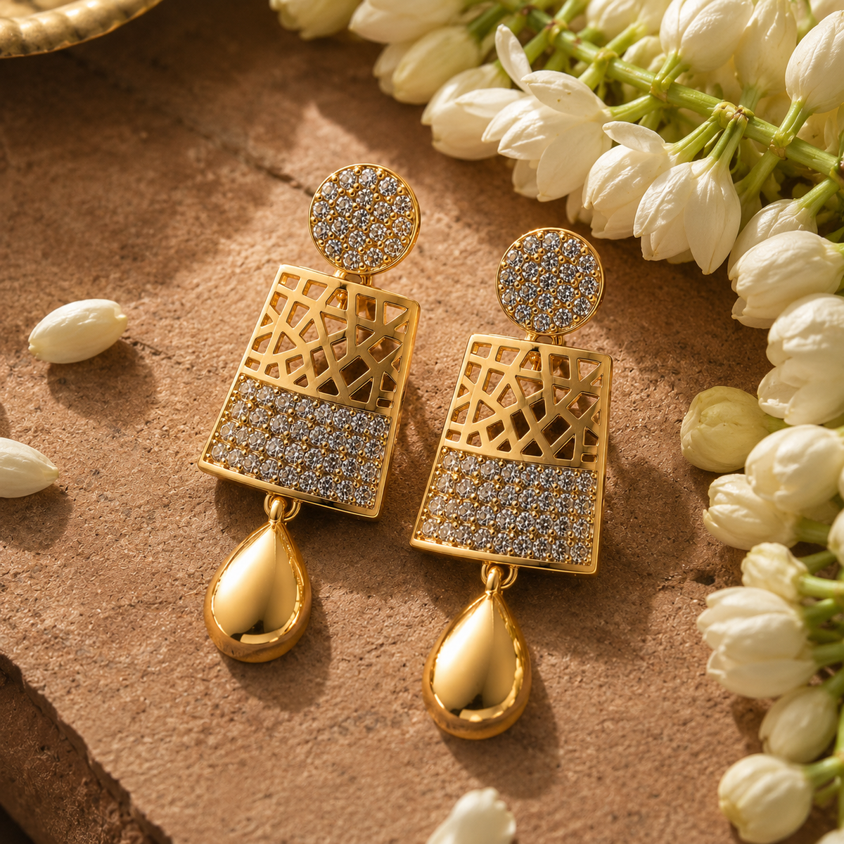 Modern Geometric Lattice Collar Necklace & Drop Earring Jewelry Set