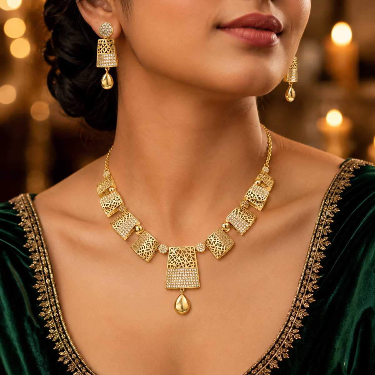 Modern Geometric Lattice Collar Necklace & Drop Earring Jewelry Set