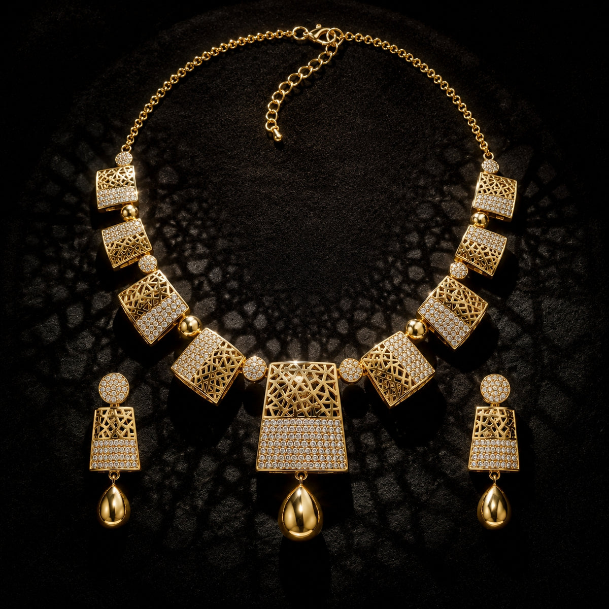 Modern Geometric Lattice Collar Necklace & Drop Earring Jewelry Set