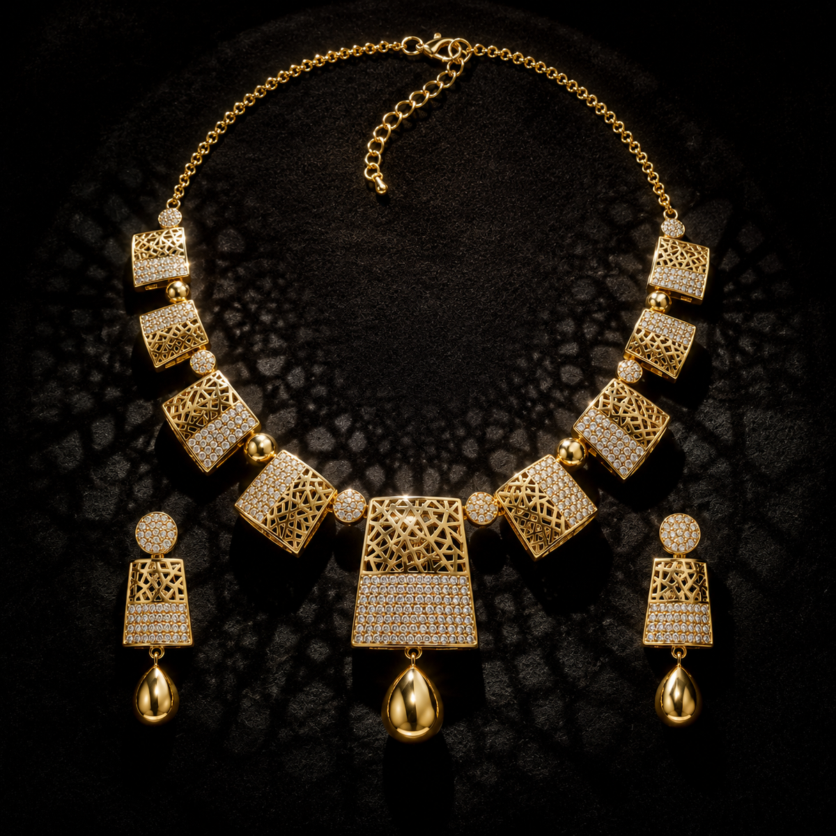 Modern Geometric Lattice Collar Necklace & Drop Earring Jewelry Set