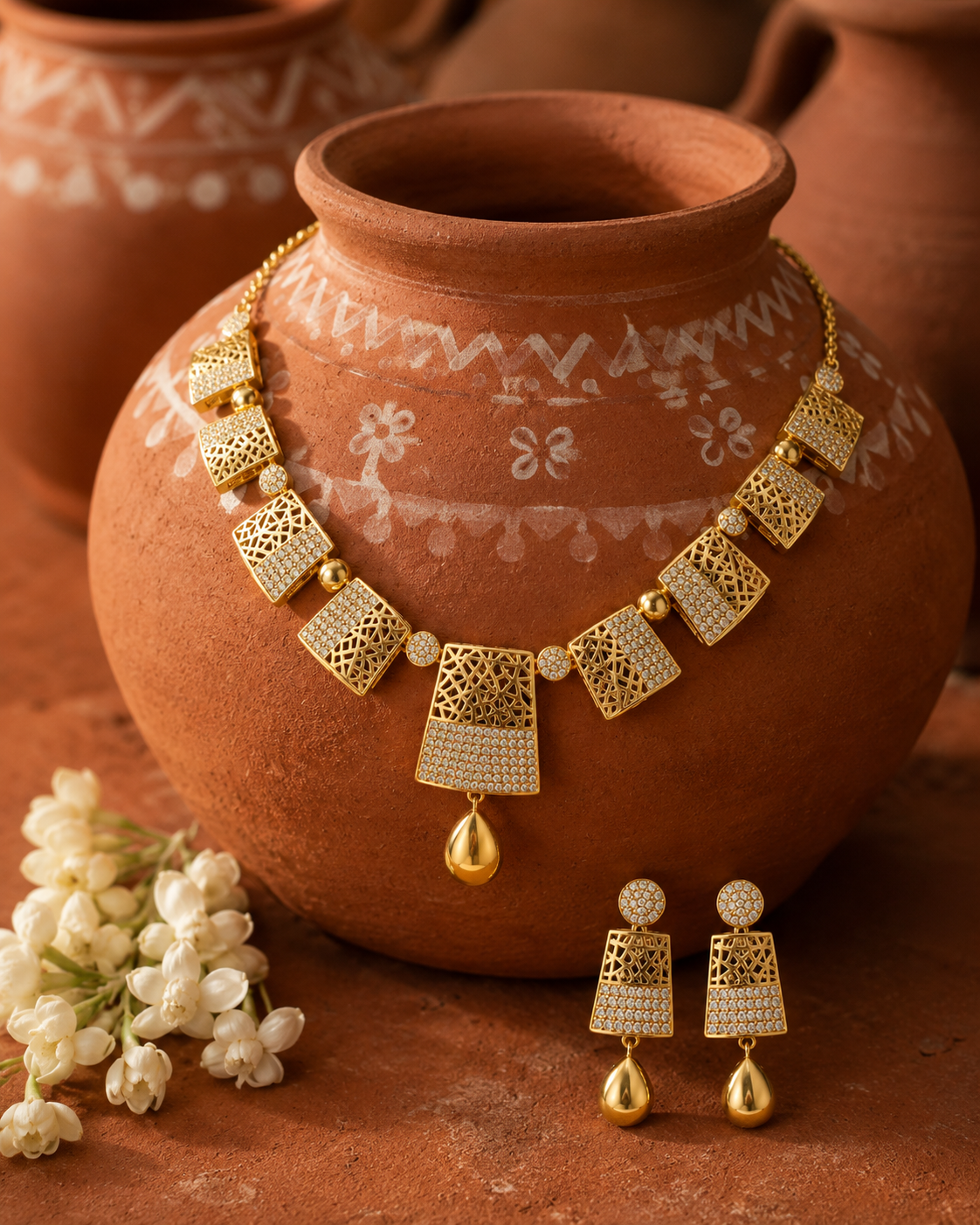 Modern Geometric Lattice Collar Necklace & Drop Earring Jewelry Set