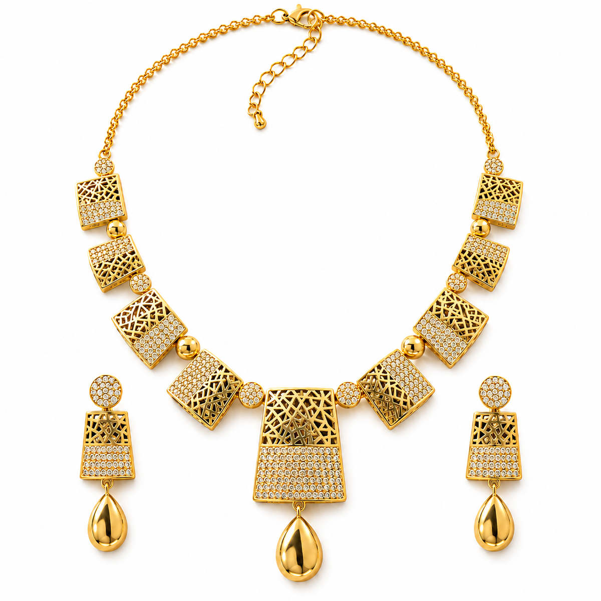 Modern Geometric Lattice Collar Necklace & Drop Earring Jewelry Set