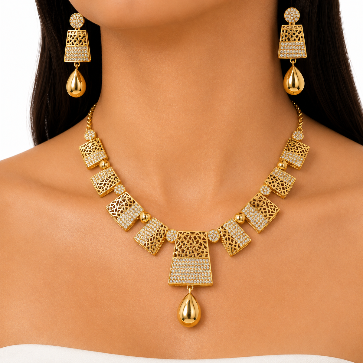 Modern Geometric Lattice Collar Necklace & Drop Earring Jewelry Set