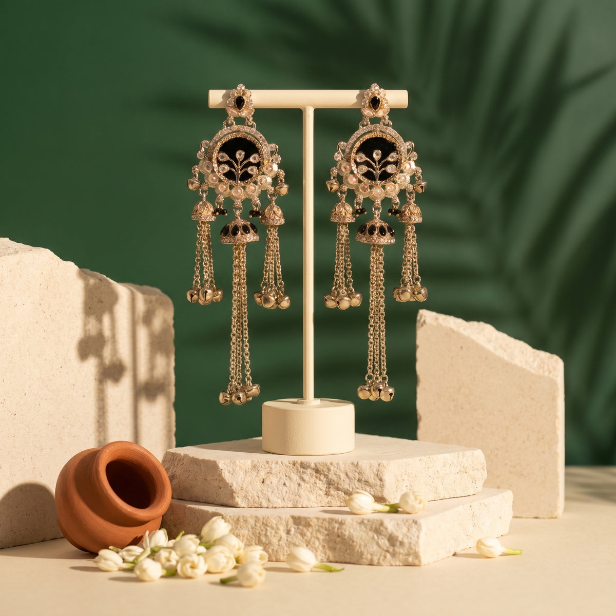 A pair of ornate gold-toned dangle earrings with black enamel and white stone detailing, displayed on a cream-colored T-stand. The stand is set on stacked stone blocks with a terracotta pot and white flowers in the foreground, against a dark green background with soft palm shadows.