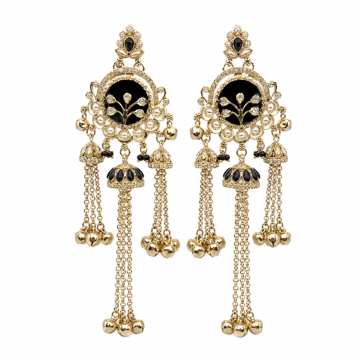 A pair of ornate gold-toned dangle earrings with black enamel inlays, white faux pearl borders, and hanging chain tassels on a plain white background.
