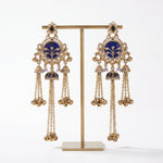 Traditional Blue Enamel Jhumka Earrings with Long Metallic Tassel Chains