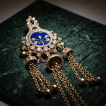 Traditional Blue Enamel Jhumka Earrings with Long Metallic Tassel Chains