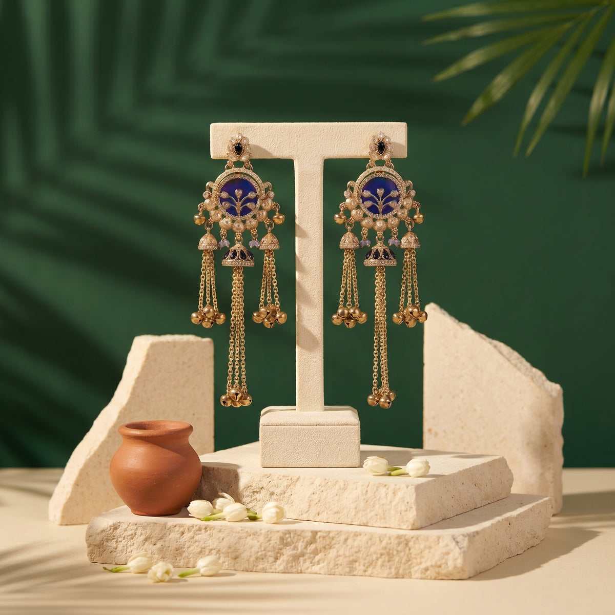 Traditional Blue Enamel Jhumka Earrings with Long Metallic Tassel Chains