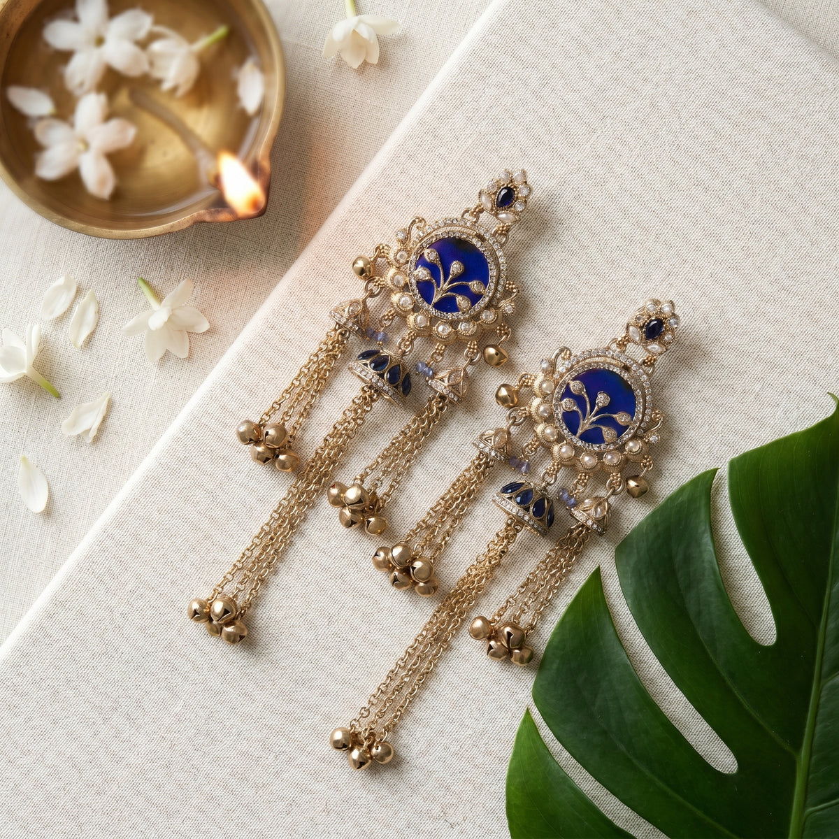 Traditional Blue Enamel Jhumka Earrings with Long Metallic Tassel Chains