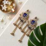 Traditional Blue Enamel Jhumka Earrings with Long Metallic Tassel Chains