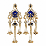 Traditional Blue Enamel Jhumka Earrings with Long Metallic Tassel Chains