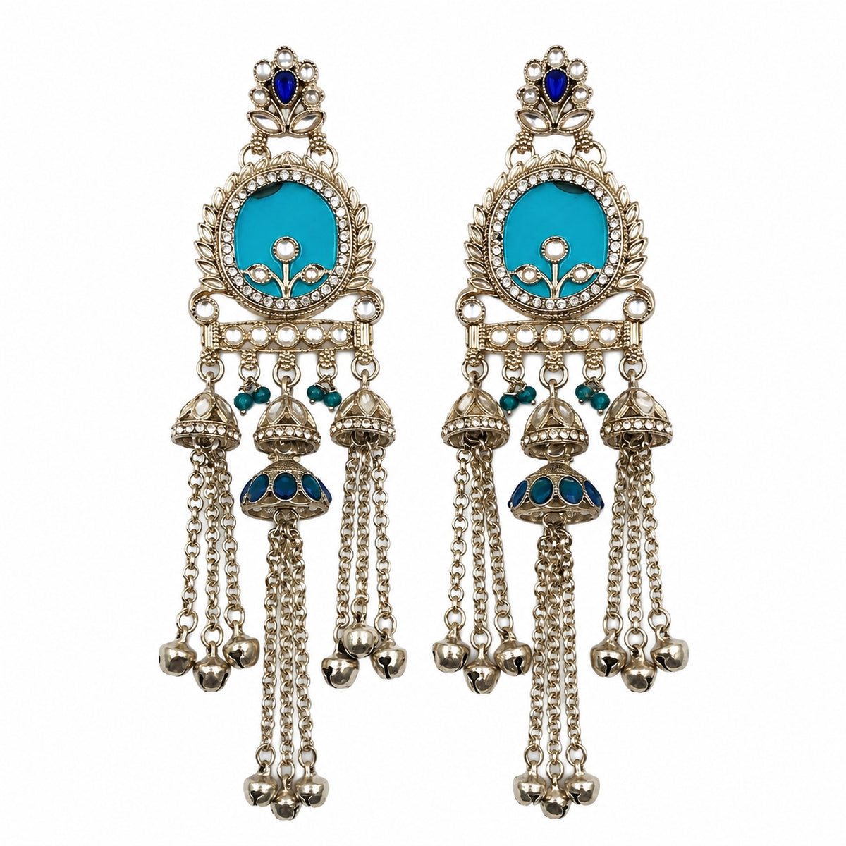 A pair of traditional Indian silver-toned dangle earrings with turquoise blue enamel inlays, small blue stone accents, and dangling chain bells, shown against a plain white background.