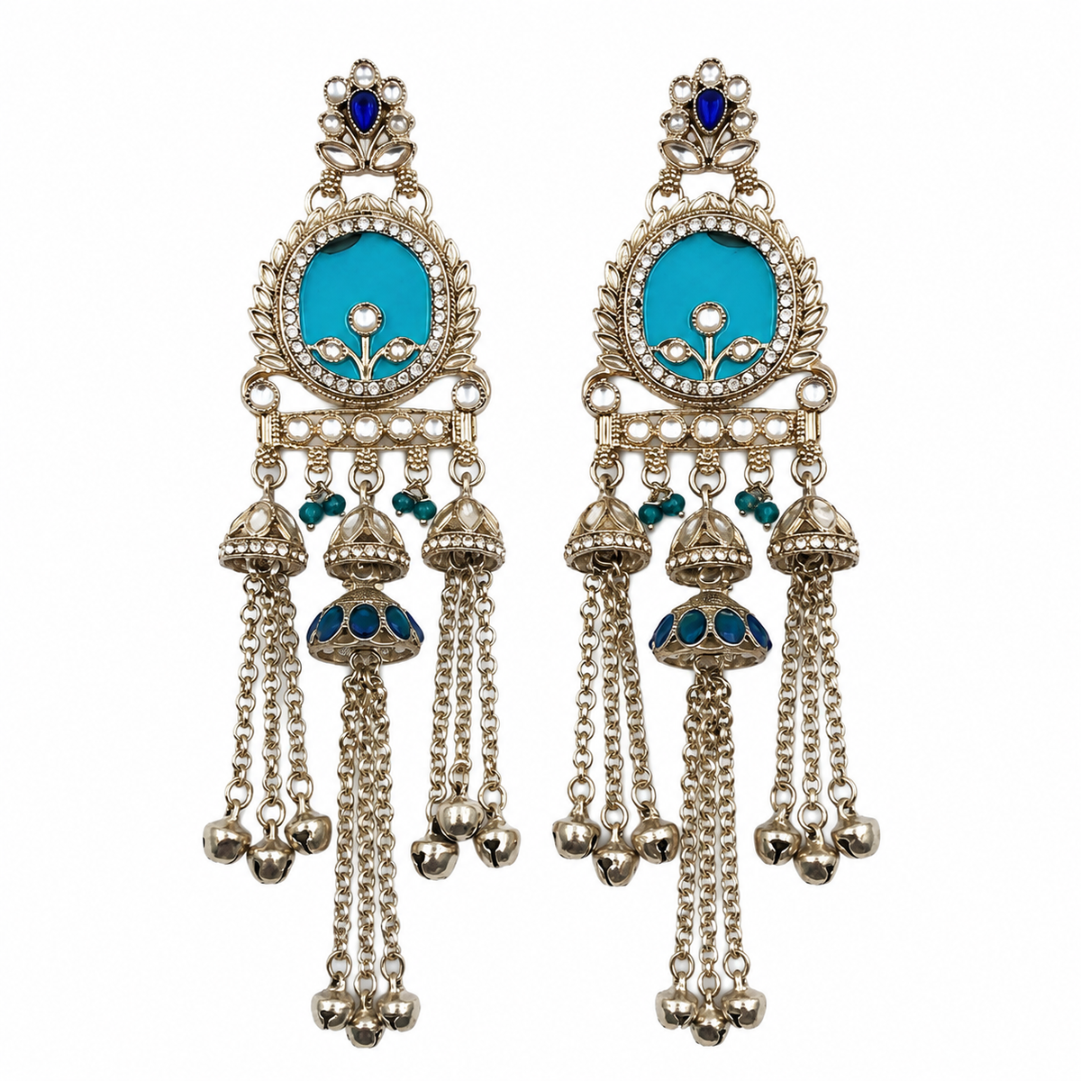 A pair of ornate silver-toned dangle earrings with turquoise blue oval inlays, small blue stone accents, and multiple dangling chain and bead elements, shown on a plain white background.