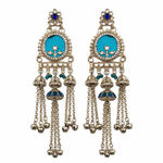 A pair of ornate silver-toned dangle earrings with turquoise blue oval inlays, small blue stone accents, and multiple dangling chain and bead elements, shown on a plain white background.