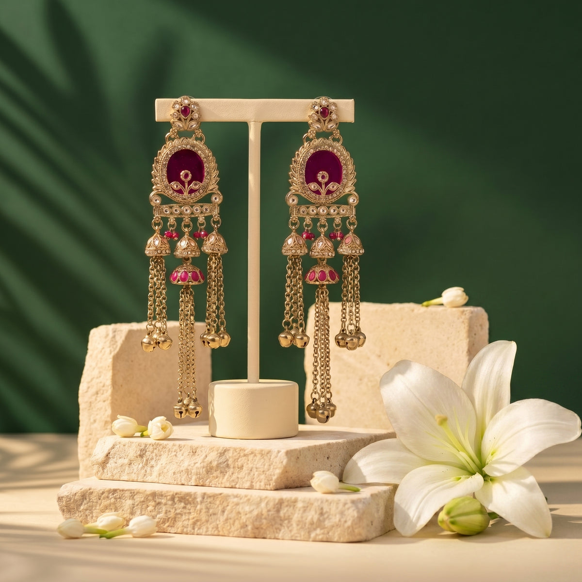 A pair of ornate gold-toned dangle earrings with deep red oval stones and small pink accents, displayed on a cream stand atop stone blocks with white lily flowers against a dark green background.
