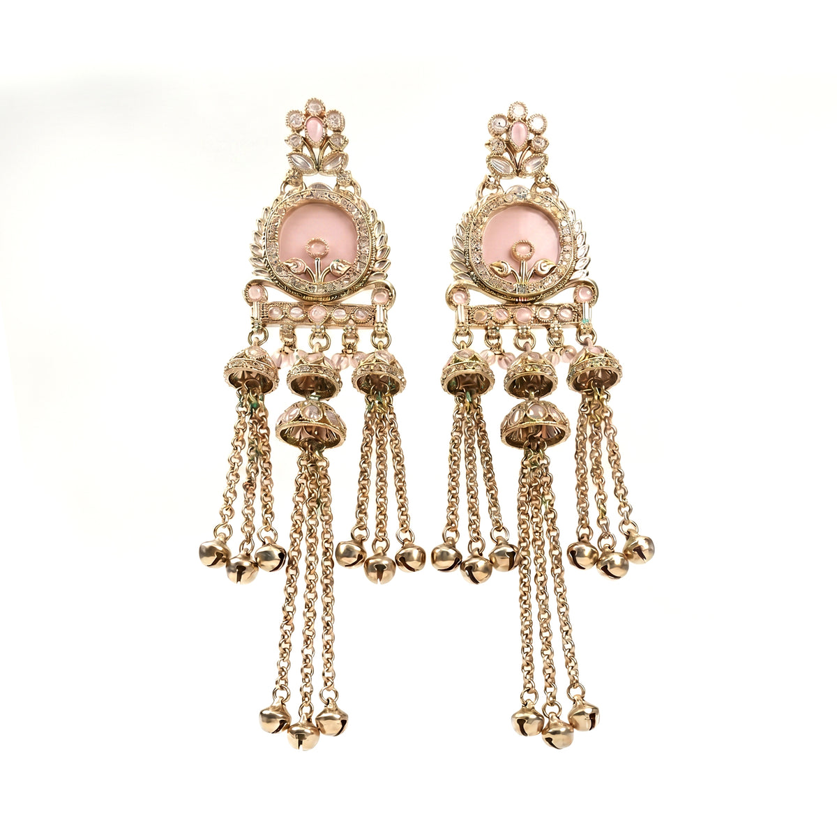 A pair of ornate gold-toned dangle earrings with pale pink oval stones, floral tops, and multiple dangling chain and bell charms, shown on a plain white background.