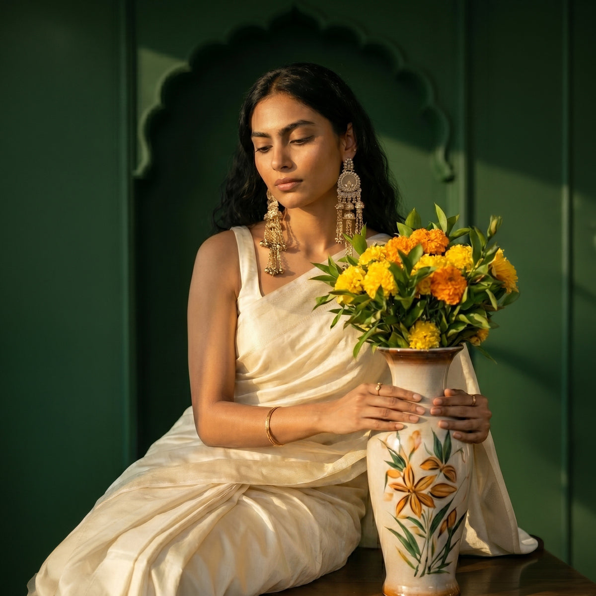 A woman in a cream-colored sari sits in a dark green room holding a ceramic vase filled with yellow and orange marigold flowers.