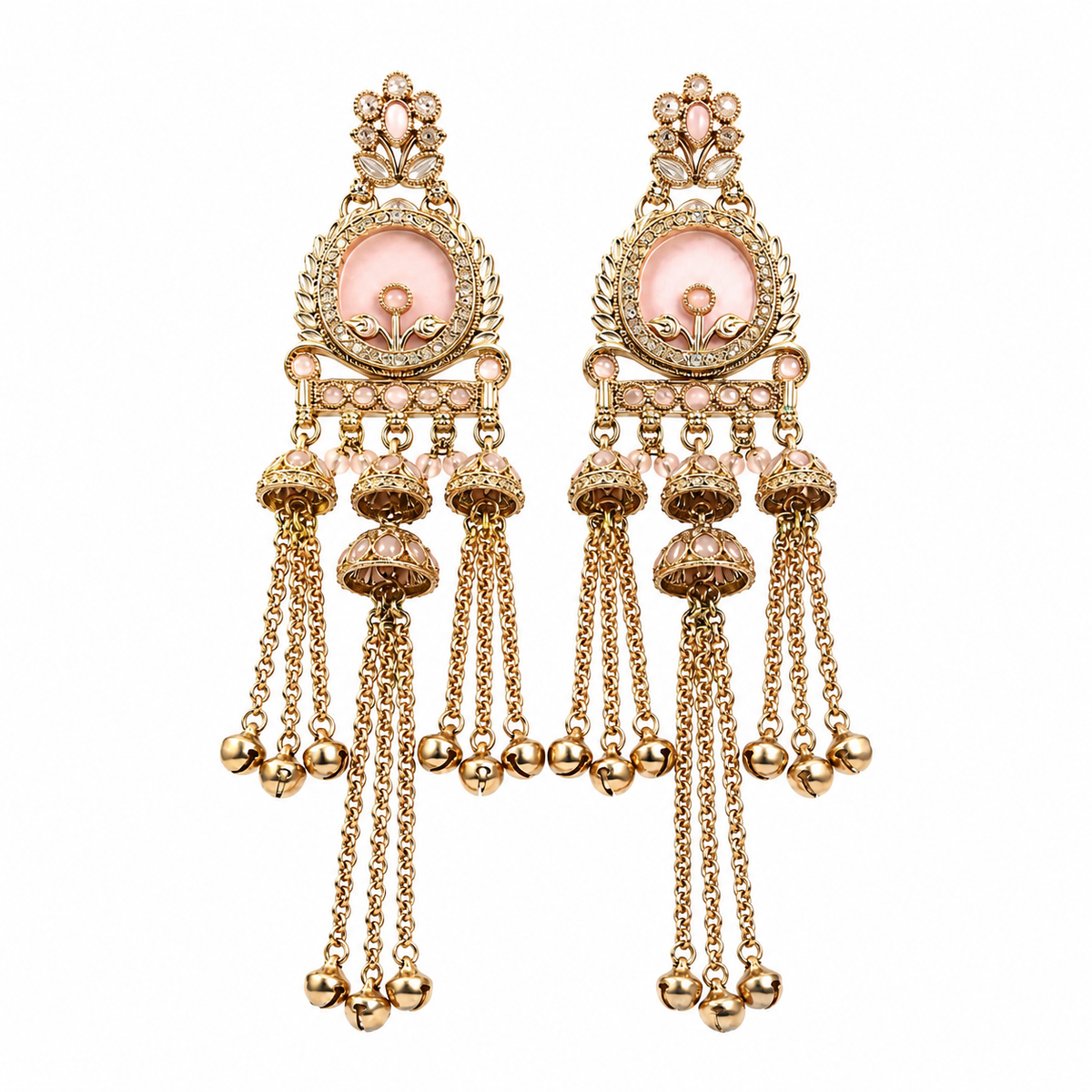 A pair of ornate gold-toned dangle earrings with pale pink oval centers, small clear stones, and multiple dangling chain and bead tassels, shown on a plain white background.
