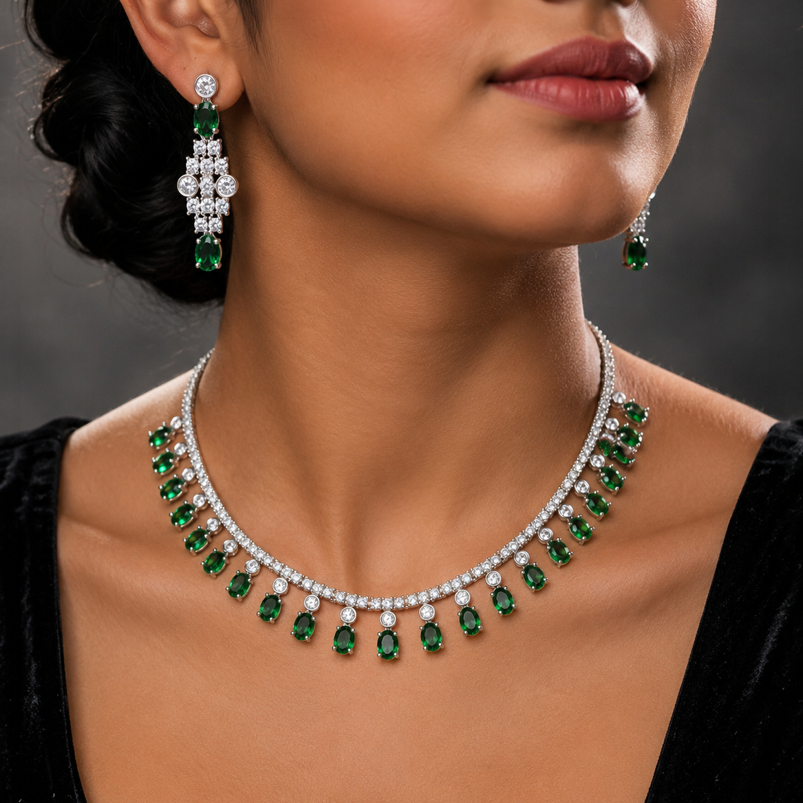 A close-up of a model wearing a silver-toned necklace and matching drop earrings set with emerald-cut green stones and clear stones, shown against a dark gray background.