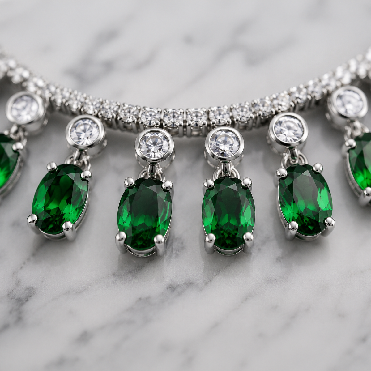 A close-up of a silver-toned tennis necklace with oval-cut emerald green gemstones and round clear stones, displayed on a white marble surface.