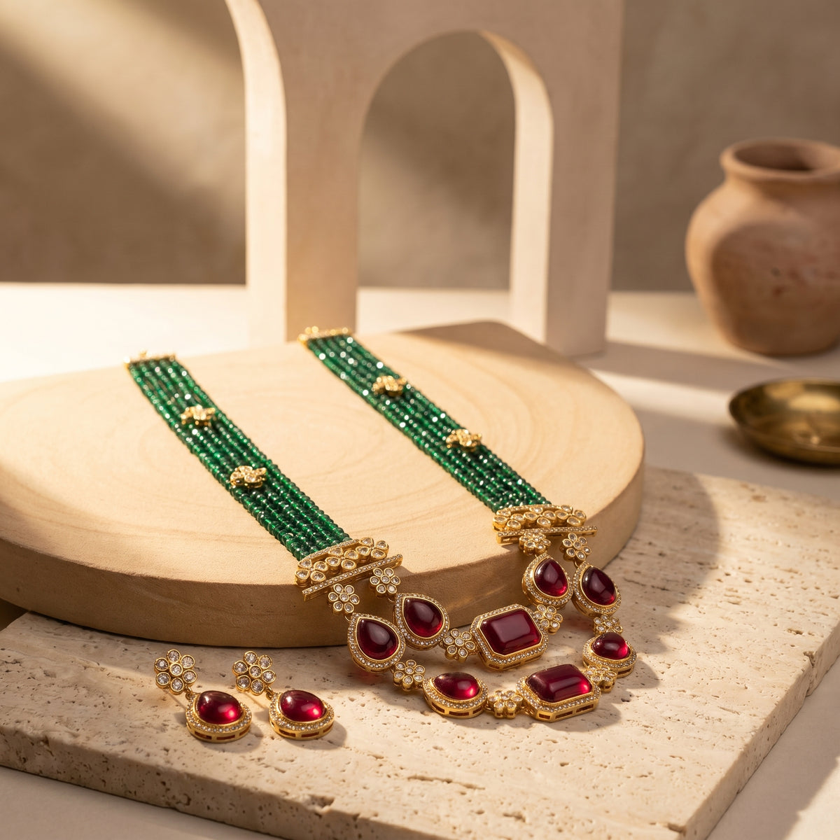 Gold and green beaded traditional jewelry set with red gemstones, displayed on a wooden stand with matching earrings on a stone surface.