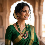 A woman wearing a dark green saree with gold borders and a matching green and gold statement necklace with red gemstones, photographed in a warm, sunlit architectural setting.