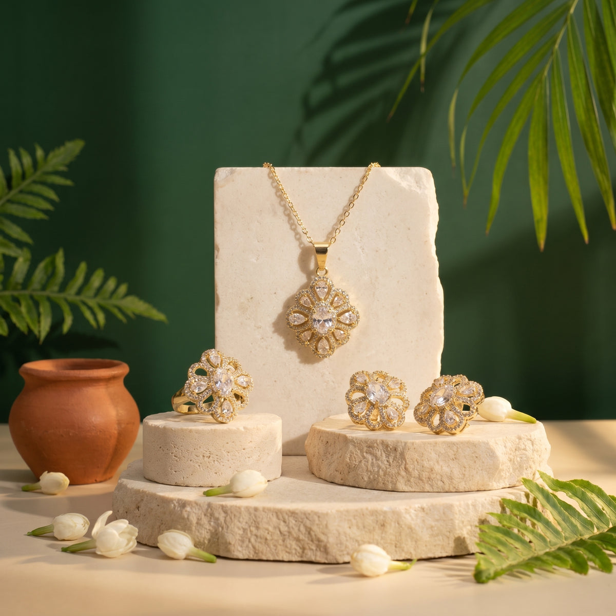 A gold jewelry set displayed on stone pedestals, featuring a necklace, earrings, and rings with clear floral-shaped stones, styled with green leaves, white tulips, and a terracotta pot against a dark green background.